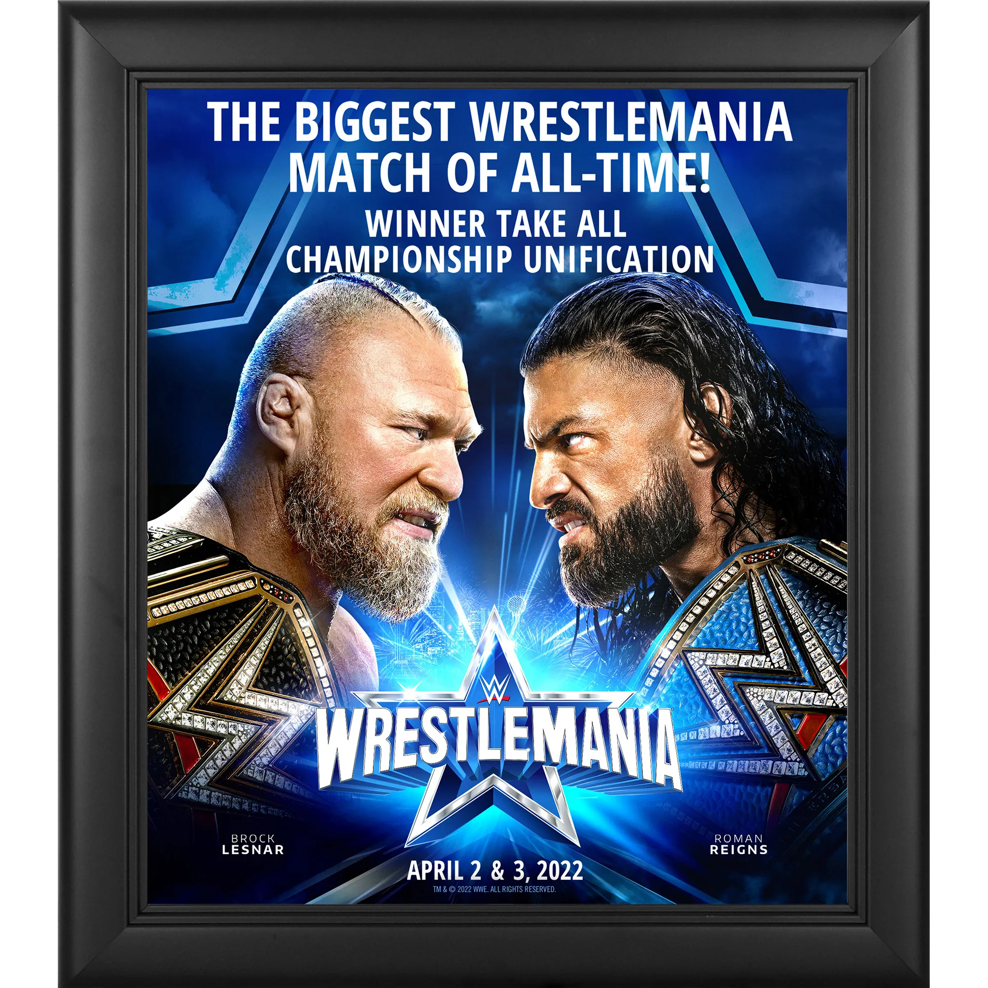 Fanatics Authentic Brock Lesnar vs. Roman Reigns WrestleMania 38 15'' x 17'' Framed Event Key Art Collage sold by WWE