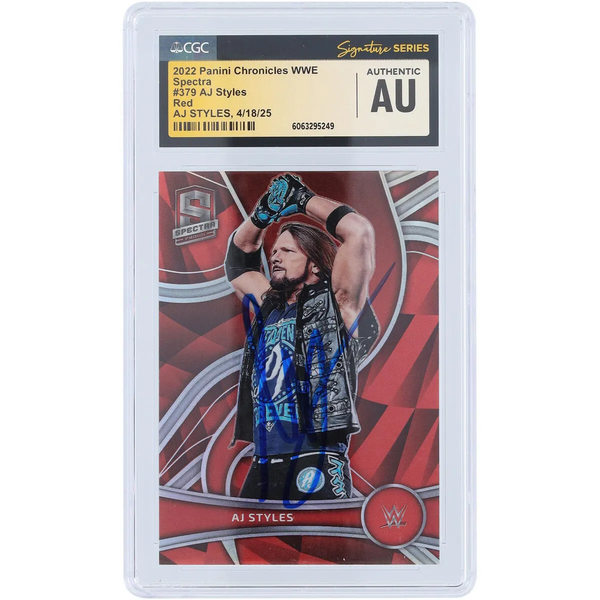 AJ Styles WWE Autographed 2022 Panini Chronicles Spectra Red #379 #/199 CGC Fanatics Witnessed Authenticated Card sold by WWE