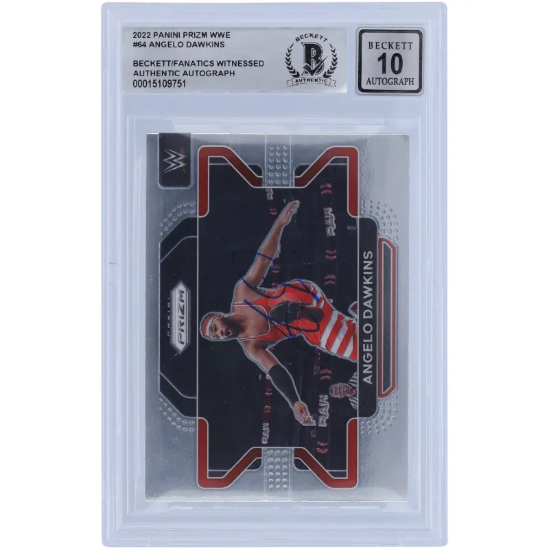 Angelo Dawkins WWE Autographed 2022 Panini Prizm #64 Beckett Fanatics Witnessed Authenticated 10 Card sold by WWE