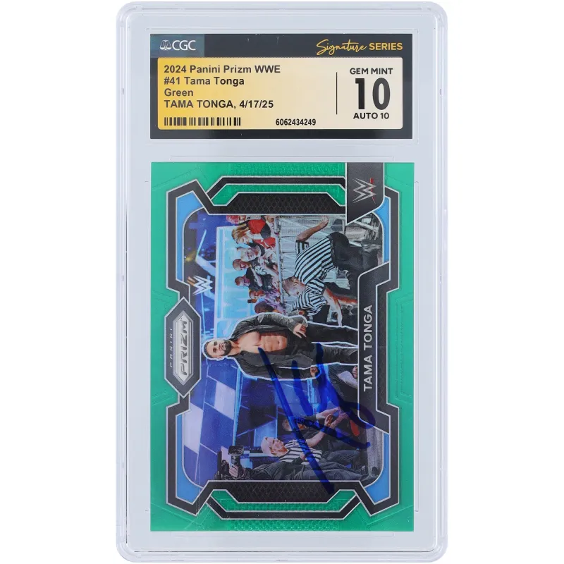 Tama Tonga WWE Autographed 2024 Panini Prizm Green Prizm #41 CGC Fanatics Witnessed Authenticated 10/10 Card sold by WWE