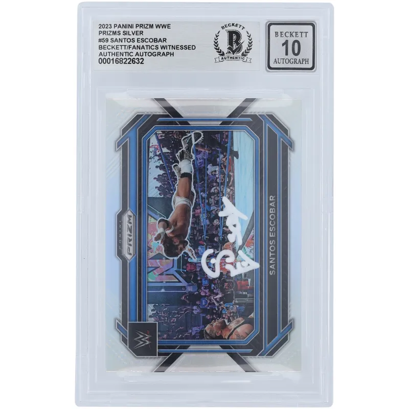 Santos Escobar WWE Autographed 2023 Panini Prizm Silver Prizm White Ink #59 Beckett Fanatics Witnessed Authenticated 10 Card sold by WWE