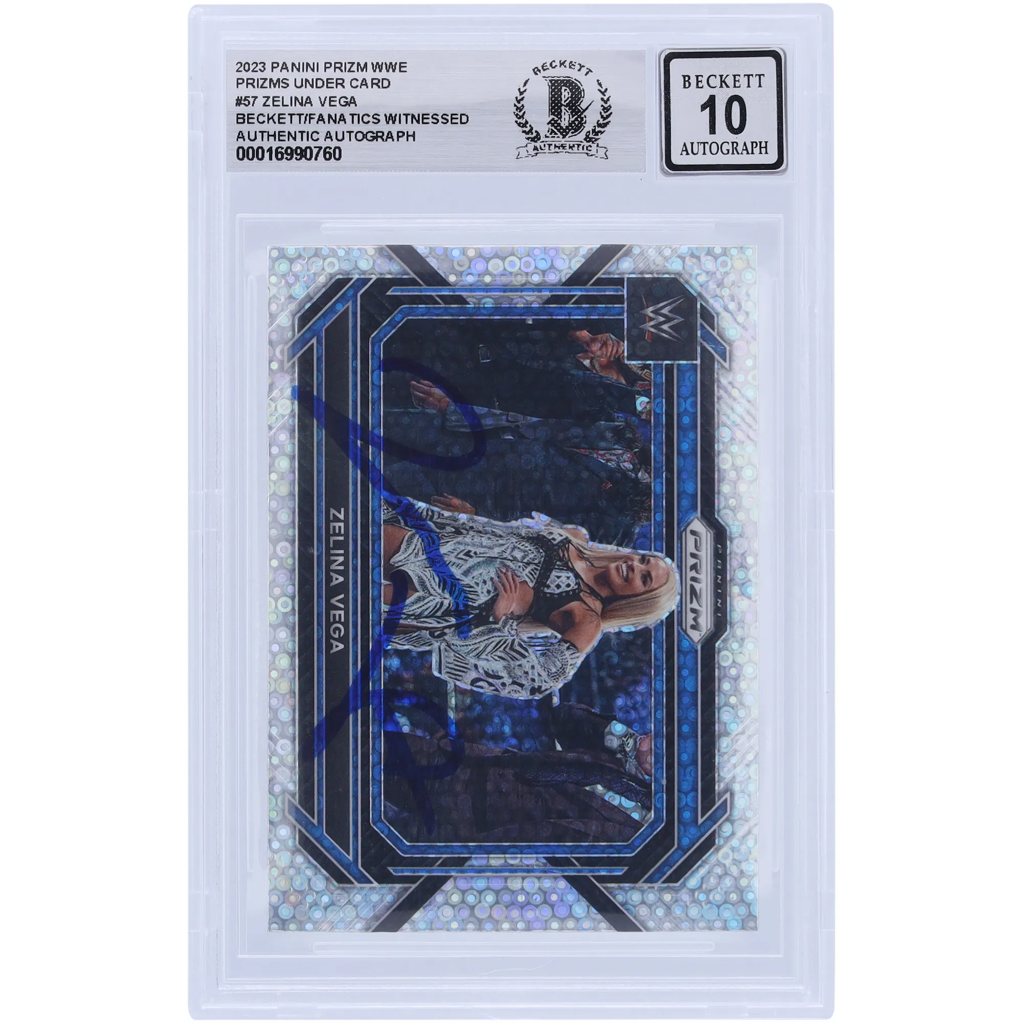 Zelina Vega WWE Autographed 2023 Panini Prizm Under Card Prizm #57 Beckett Fanatics Witnessed Authenticated 10 Card sold by WWE