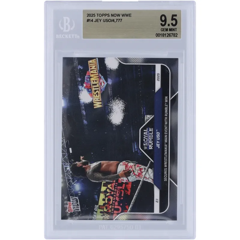 Jey Uso WWE 2025 Topps Now Secures WrestleMania Main Event With Rumble Win #14 BGS Authenticated 9.5 Card sold by WWE