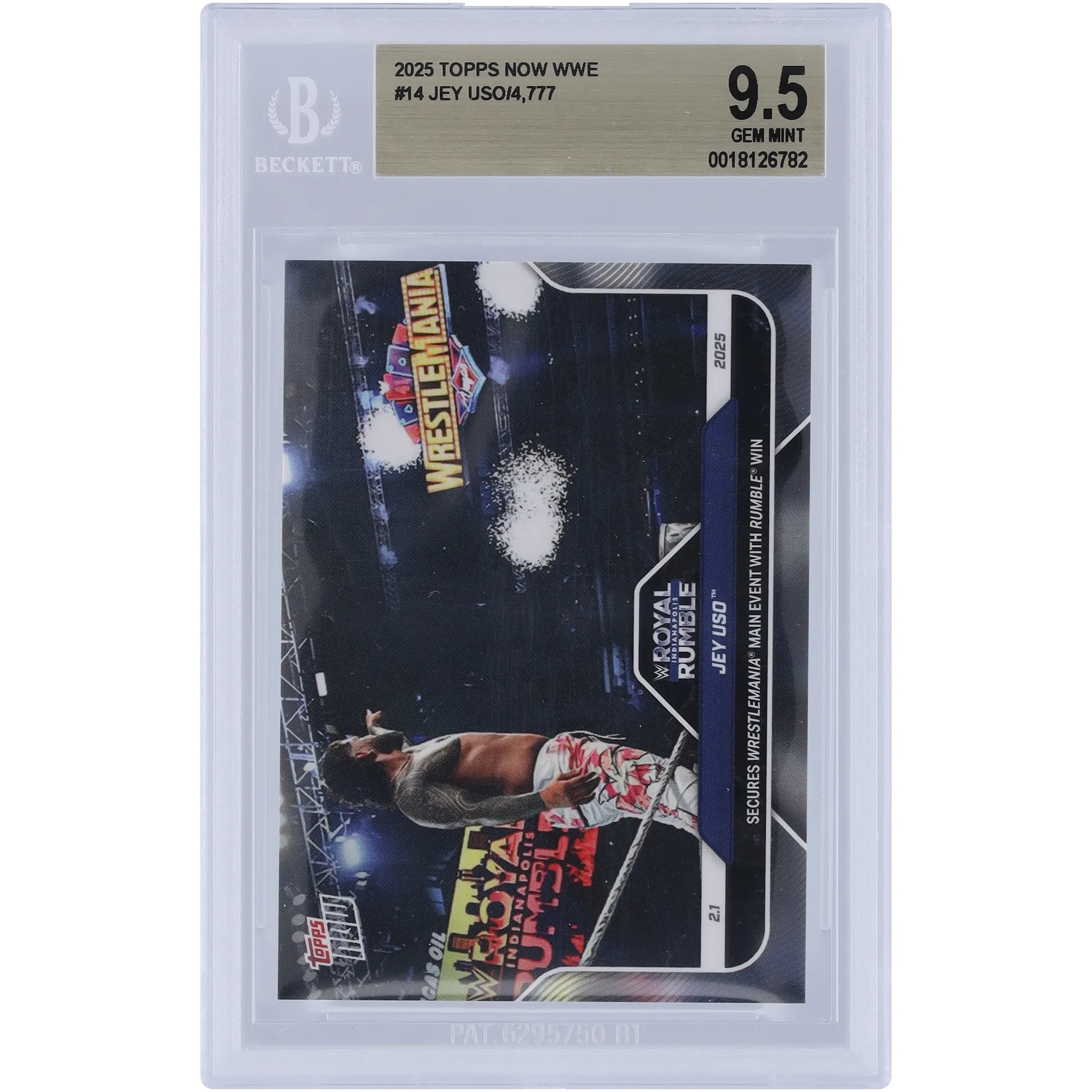 Jey Uso WWE 2025 Topps Now Secures WrestleMania Main Event With Rumble Win #14 BGS Authenticated 9.5 Card sold by WWE