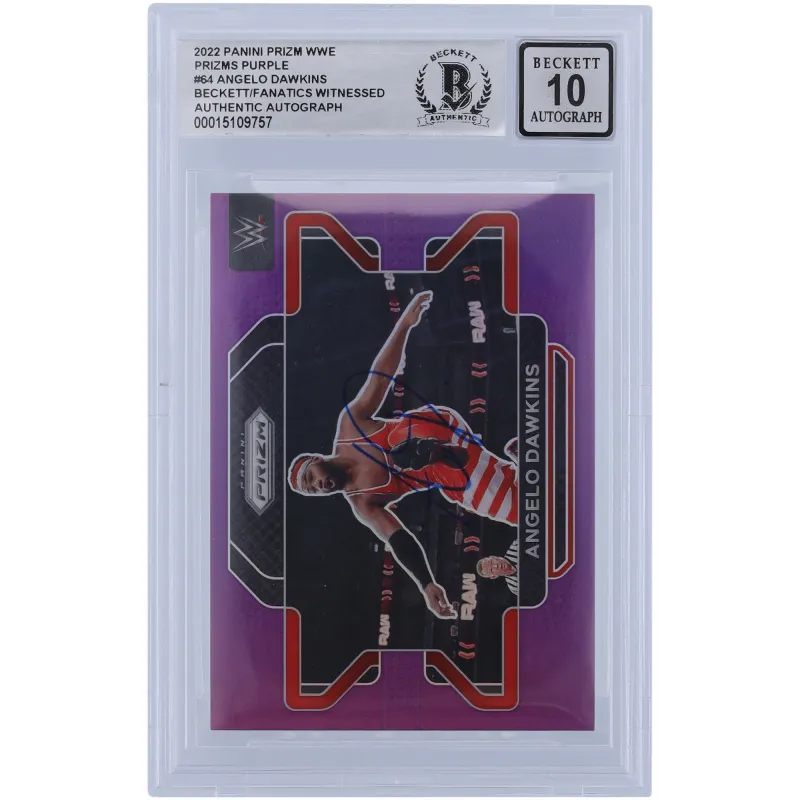 Angelo Dawkins WWE Autographed 2022 Panini Prizm Purple #64 #116/149 Beckett Fanatics Witnessed Authenticated 10 Card sold by WWE