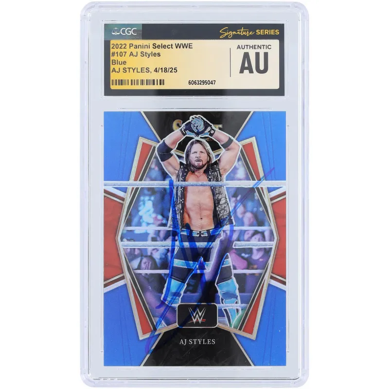AJ Styles WWE Autographed 2022 Panini Select Blue Prizm #107 #/199 CGC Fanatics Witnessed Authenticated Card sold by WWE
