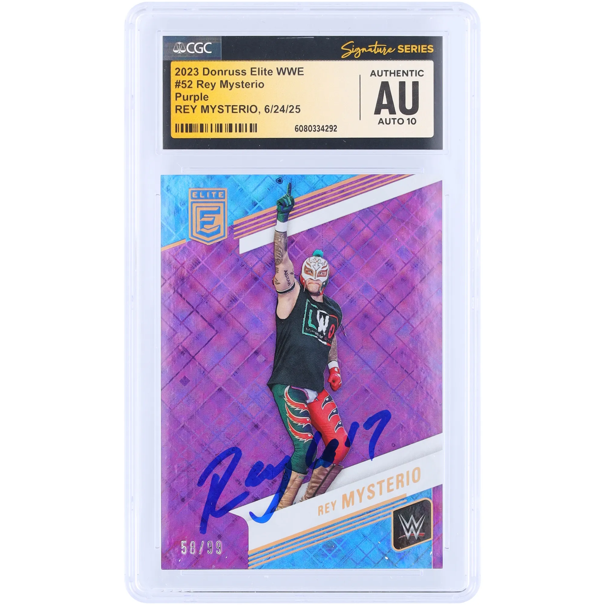 Rey Mysterio WWE Autographed 2023 Panini Donruss Elite Purple #52 #/99 CGC Fanatics Witnessed Authenticated 10 Card sold by WWE