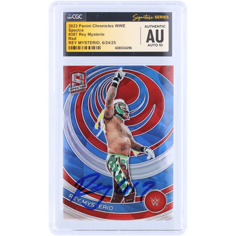 Rey Mysterio WWE Autographed 2023 Panini Chronicles Spectra Red Prizm #387 #/199 CGC Fanatics Witnessed Authenticated 10 Card sold by WWE