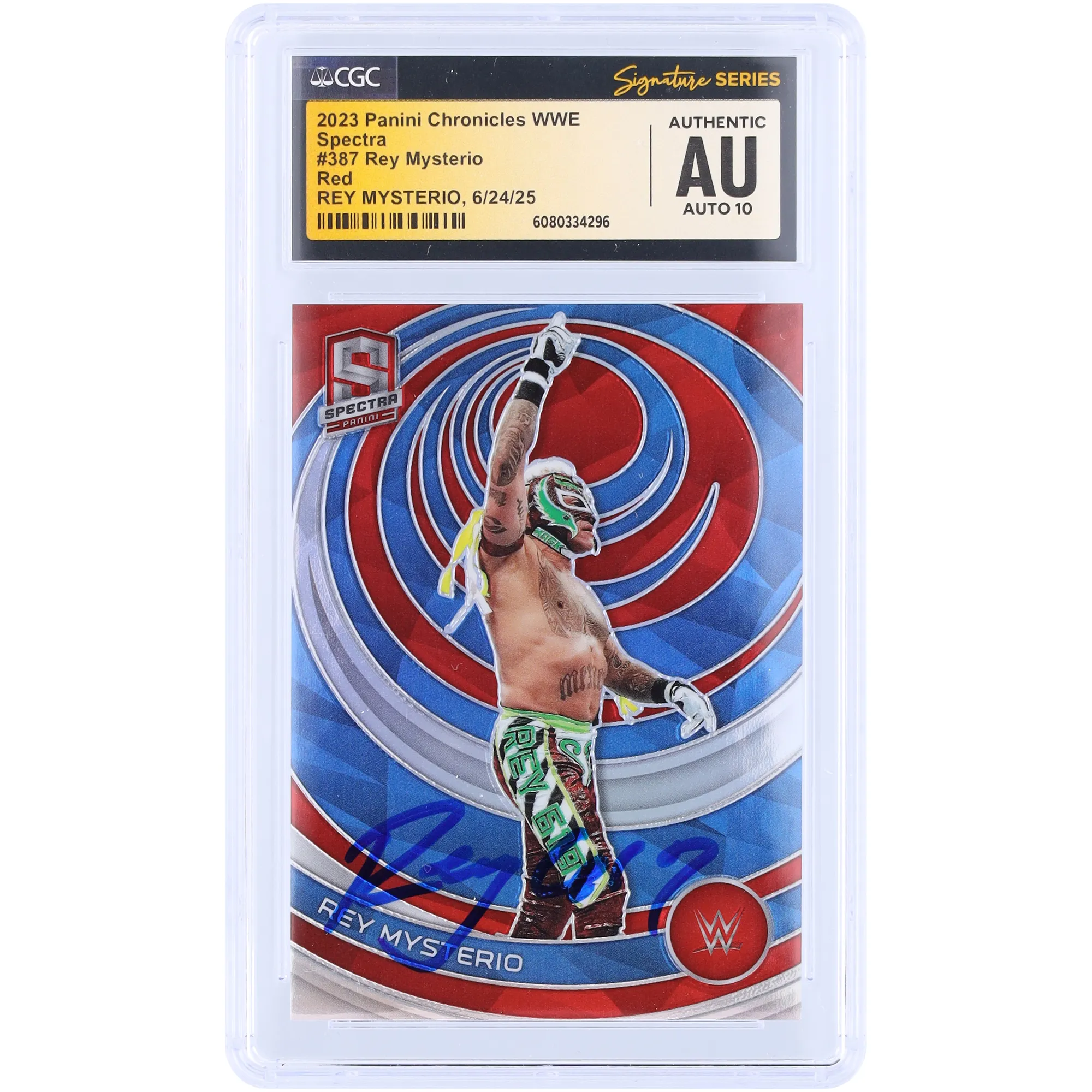 Rey Mysterio WWE Autographed 2023 Panini Chronicles Spectra Red Prizm #387 #/199 CGC Fanatics Witnessed Authenticated 10 Card sold by WWE