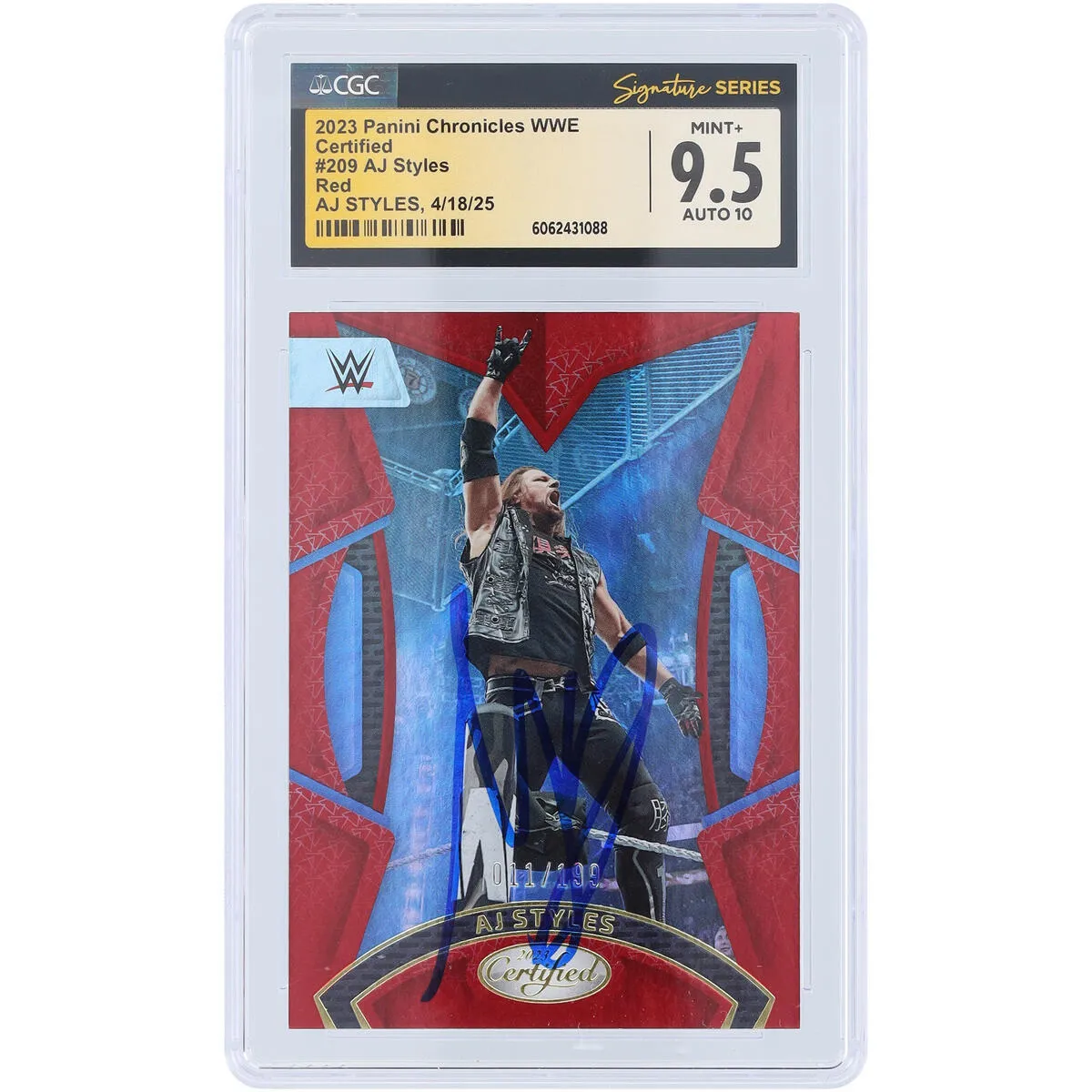 AJ Styles WWE Autographed 2023 Panini Chronicles Certified Red #209 #/199 CGC Fanatics Witnessed Authenticated 9.5/10 Card sold by WWE
