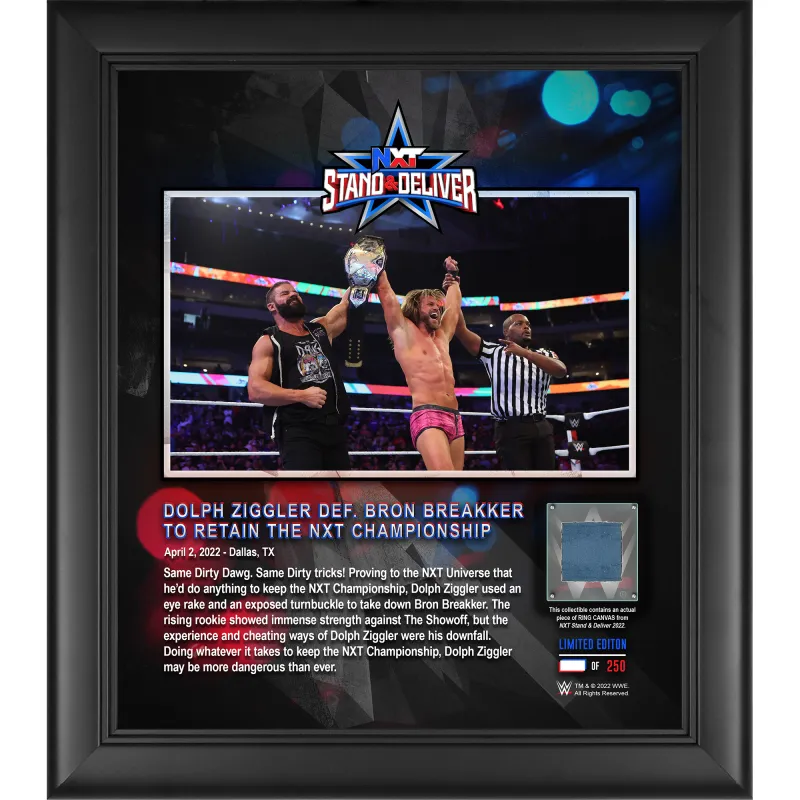 Dolph Ziggler NXT 2.0 Framed 15'' x 17'' 2022 Stand & Deliver Core Frame with a Piece of Match-Used Canvas - Limited Edition of 250 sold by WWE