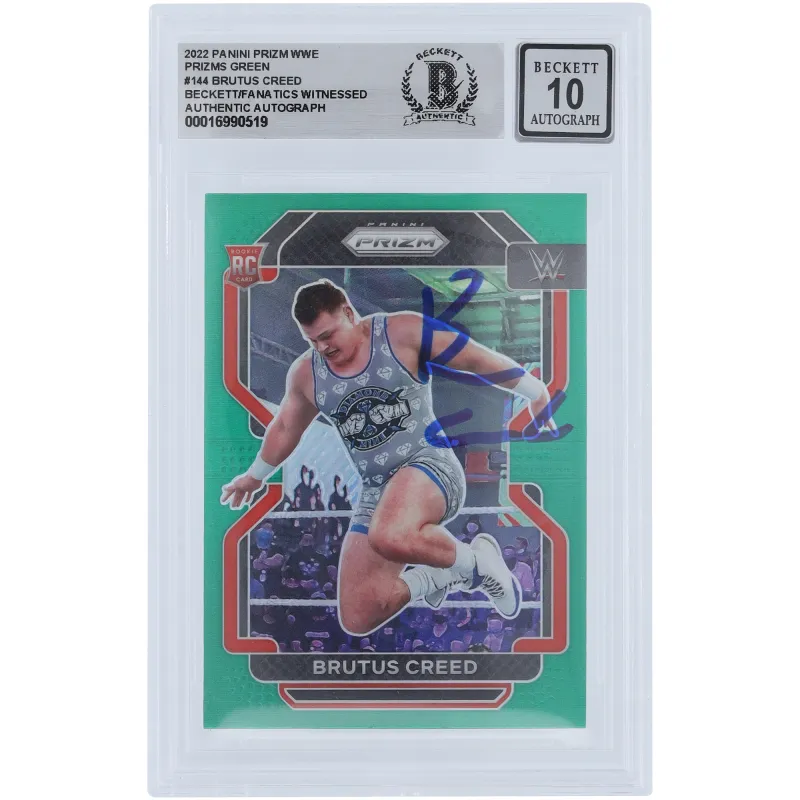 Brutus Creed WWE Autographed 2022 Panini Prizm Green Prizm #144 Beckett Fanatics Witnessed Authenticated 10 Rookie Card sold by WWE