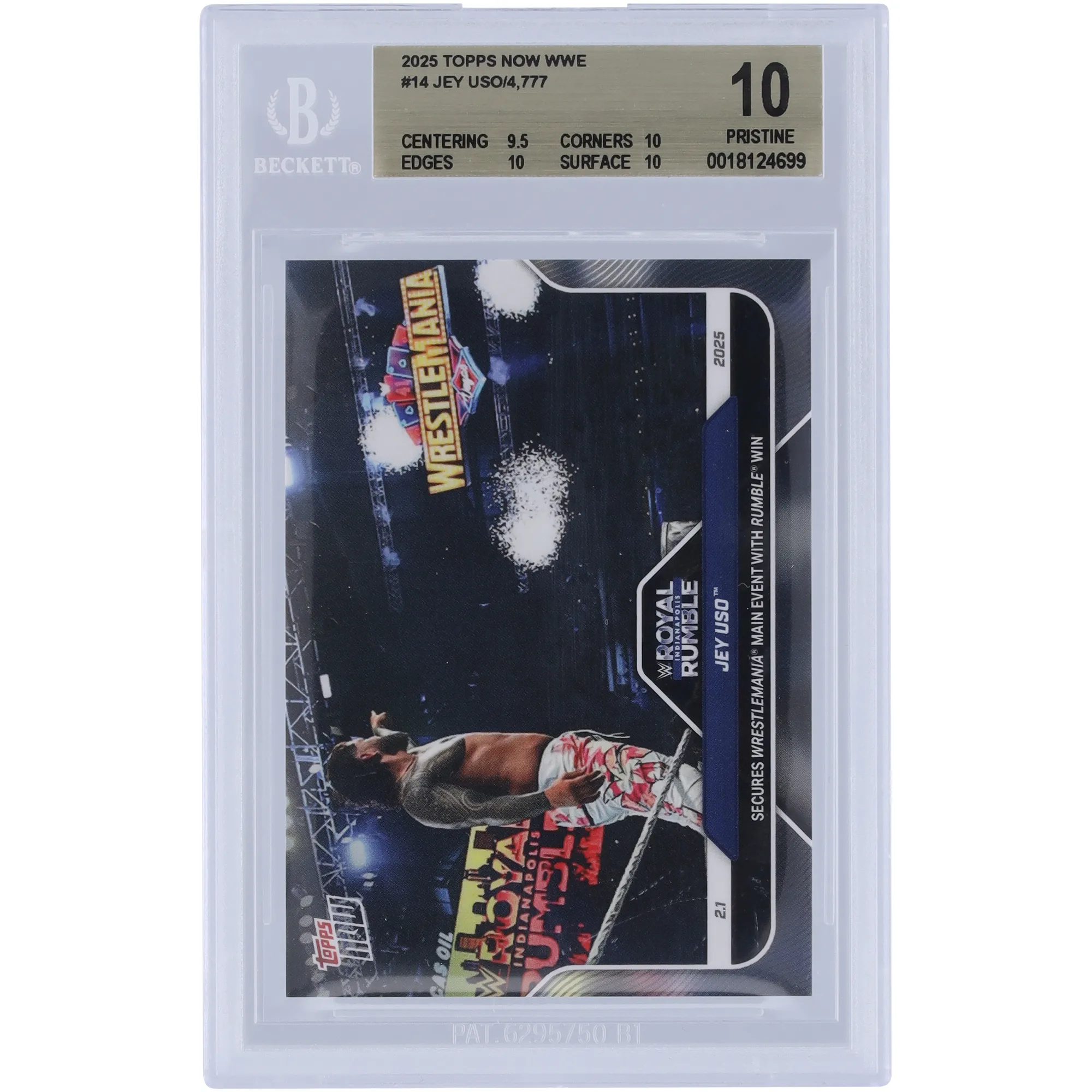 Jey Uso WWE 2025 Topps Now Secures WrestleMania Main Event With Rumble Win #14 BGS Authenticated 10 Card - 9.5,10,10,10 Subgrades sold by WWE