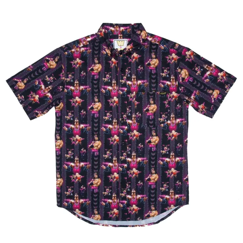 Men's Black Bret Hart The Hitman Button-Down Shirt sold by WWE