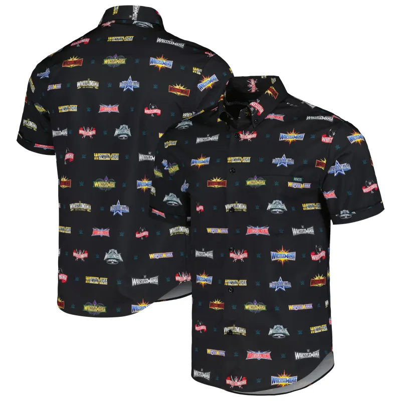 Men's RSVLTS Black WrestleMania KUNUFLEX Mania Logos Button-Down Short Sleeve Shirt sold by WWE
