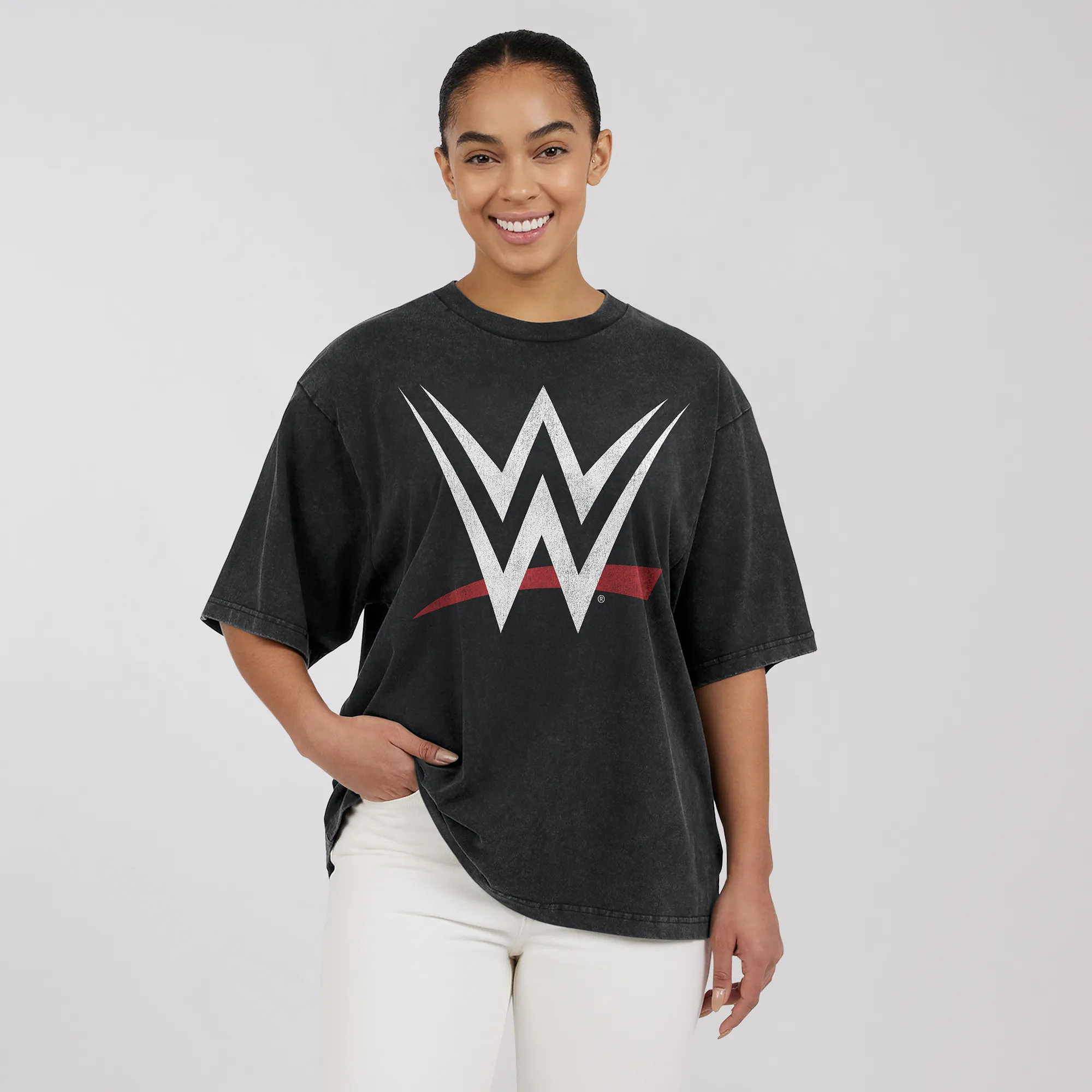 Women's WEAR by Erin Andrews Black WWE Logo Boyfriend T-Shirt sold by WWE