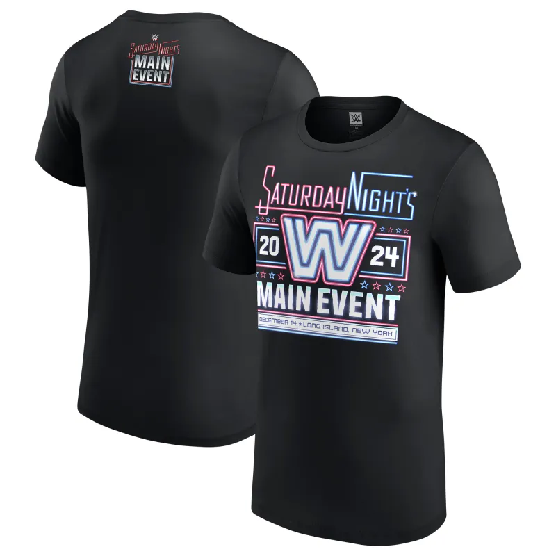 Men's Black Saturday Night's Main Event Neon Lights Logo T-Shirt made by WWE