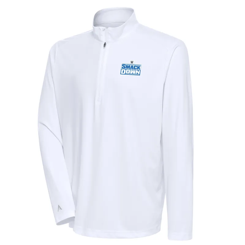 Men's Antigua  White SmackDown Tribute Quarter-Zip Pullover Top sold by WWE