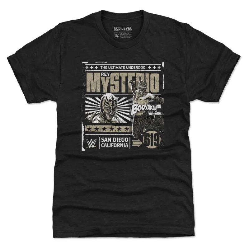 Men's 500 Level Heather Black Rey Mysterio Comic Tri-Blend T-Shirt sold by WWE