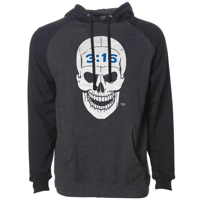 Men's Black "Stone Cold" Steve Austin 3:16 Skull Raglan Pullover Hoodie sold by WWE