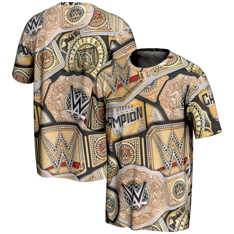 Men's ProSphere Gold WWE Title Belt Collage T-Shirt sold by WWE