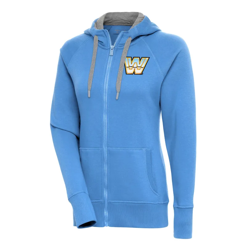 Women's Antigua  Powder Blue WWE Chrome Logo Victory Raglan Full-Zip Hoodie sold by WWE