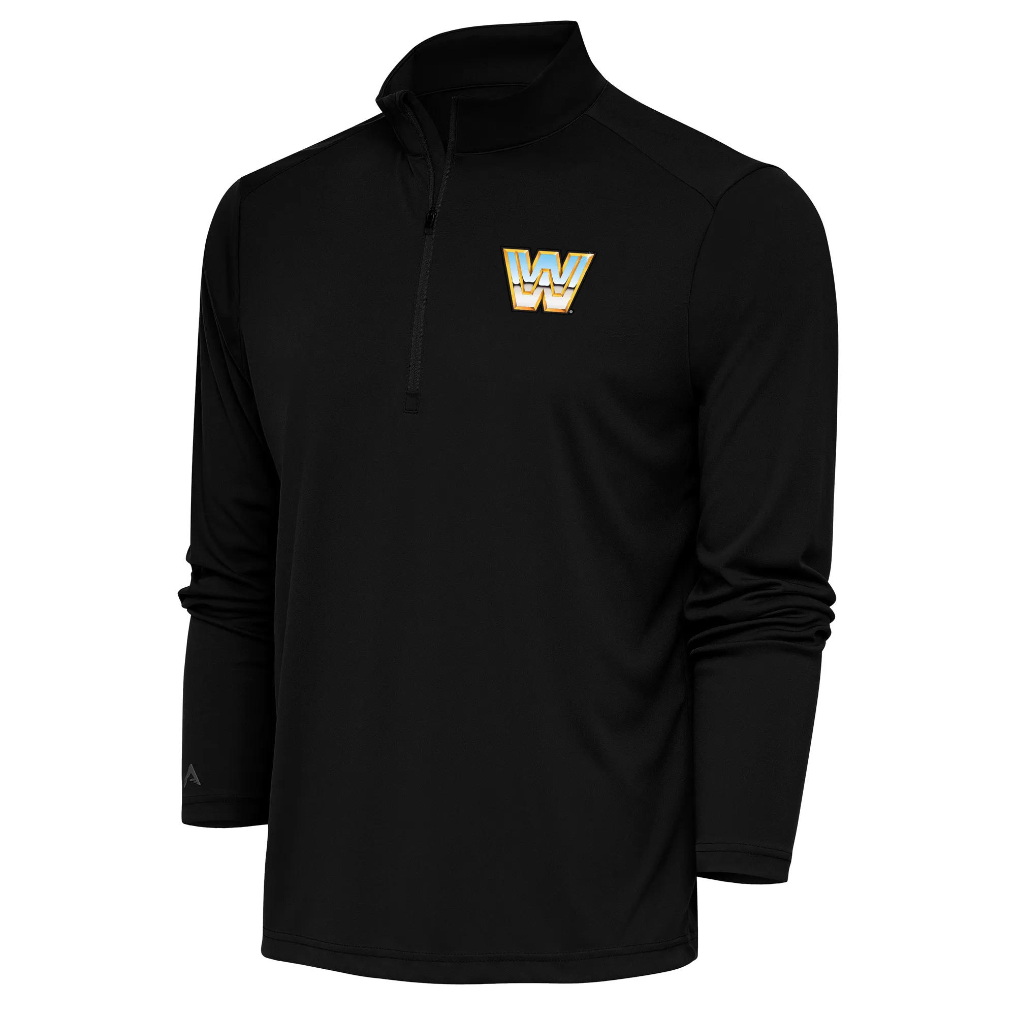 Men's Antigua Black WWE Tribute Quarter-Zip Pullover Top sold by WWE