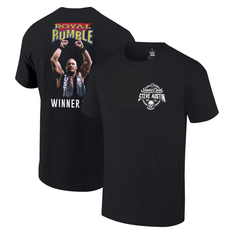 Men's Ripple Junction Black "Stone Cold" Steve Austin 1997 Royal Rumble Winner T-Shirt sold by WWE