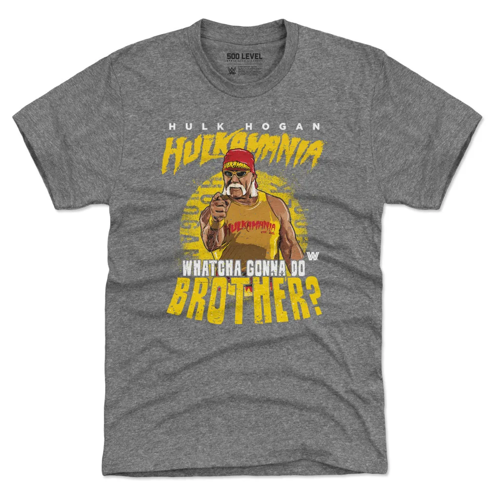 Men's 500 Level Heather Gray Hulk Hogan Whatcha Gonna Do Brother? Tri-Blend T-Shirt sold by WWE