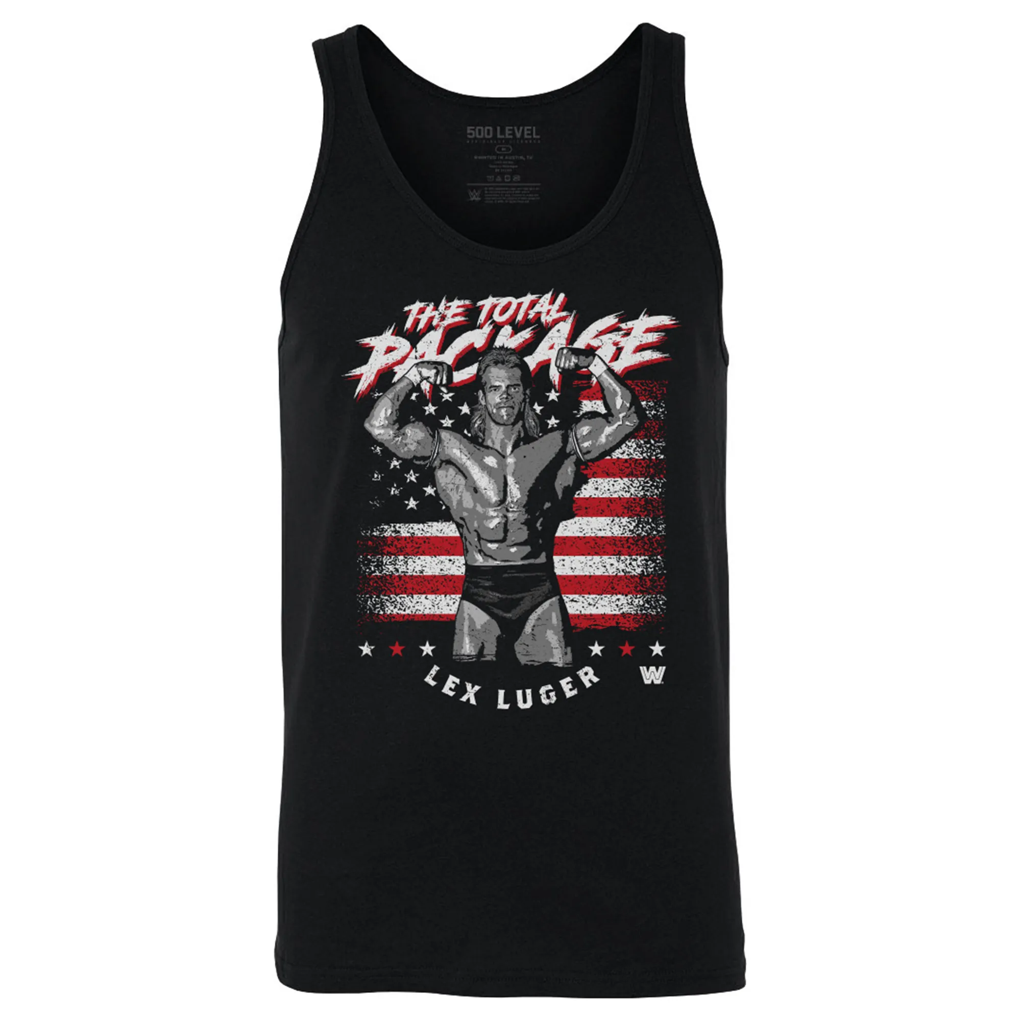 Men's 500 Level Black Lex Luger American Flag Tank Top sold by WWE