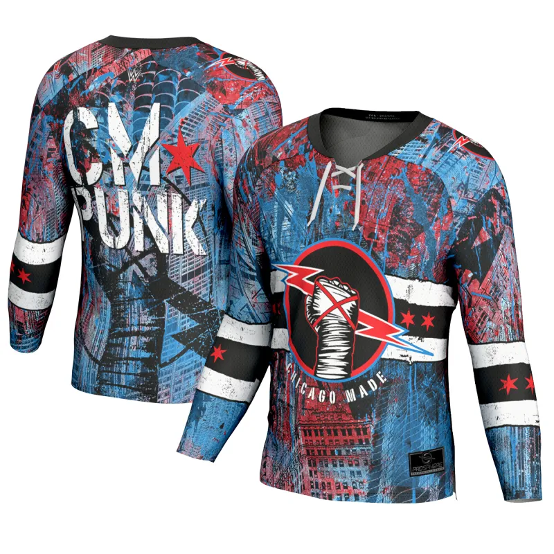 Men's ProSphere Black CM Punk Chicago Made Hockey Fashion Jersey sold by WWE