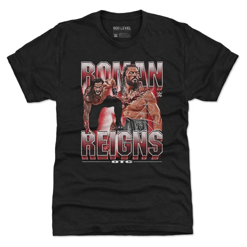 Men's 500 Level  Heather Black Roman Reigns Vintage Premium Tri-Blend T-Shirt sold by WWE