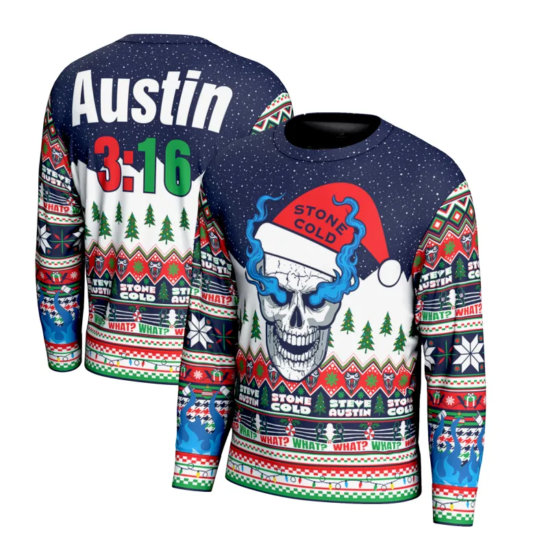 Men's ProSphere Navy "Stone Cold" Steve Austin Santa Hat Holiday Sweater sold by WWE
