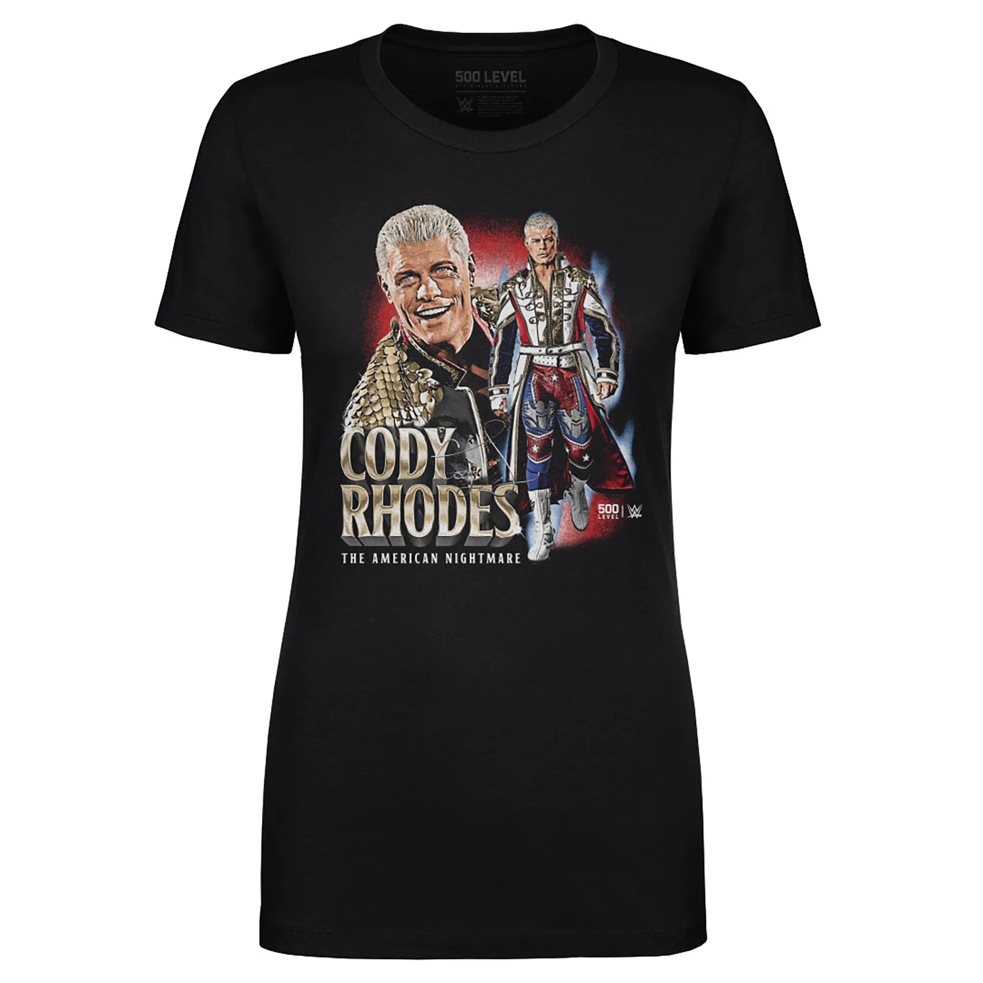 Women's 500 Level Black Cody Rhodes American Nightmare Vintage T-Shirt sold by WWE