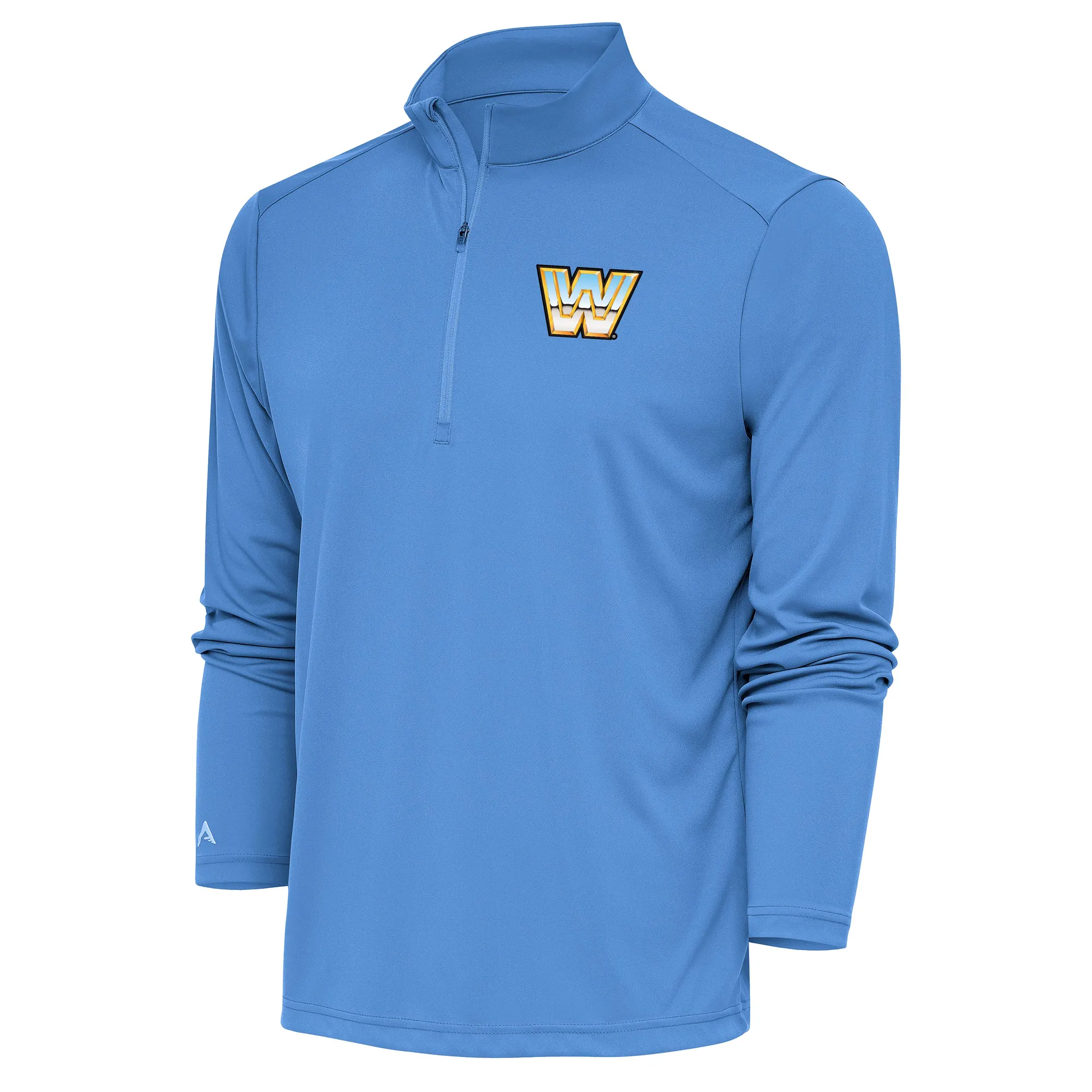 Men's Antigua Powder Blue WWE Tribute Quarter-Zip Pullover Top sold by WWE