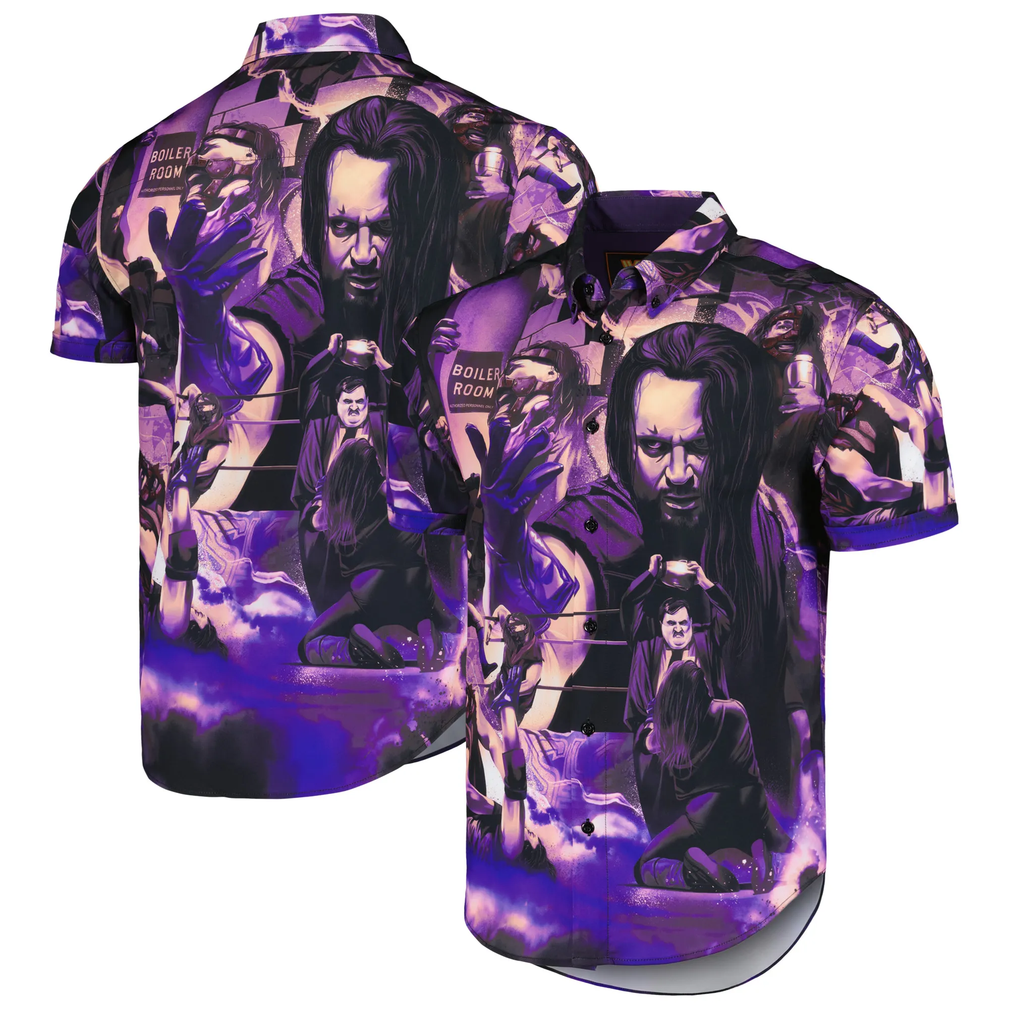 Men's RSVLTS Purple The Undertaker vs. Mankind Boiler Room Brawl KUNUFLEX Button-Down Shirt sold by WWE