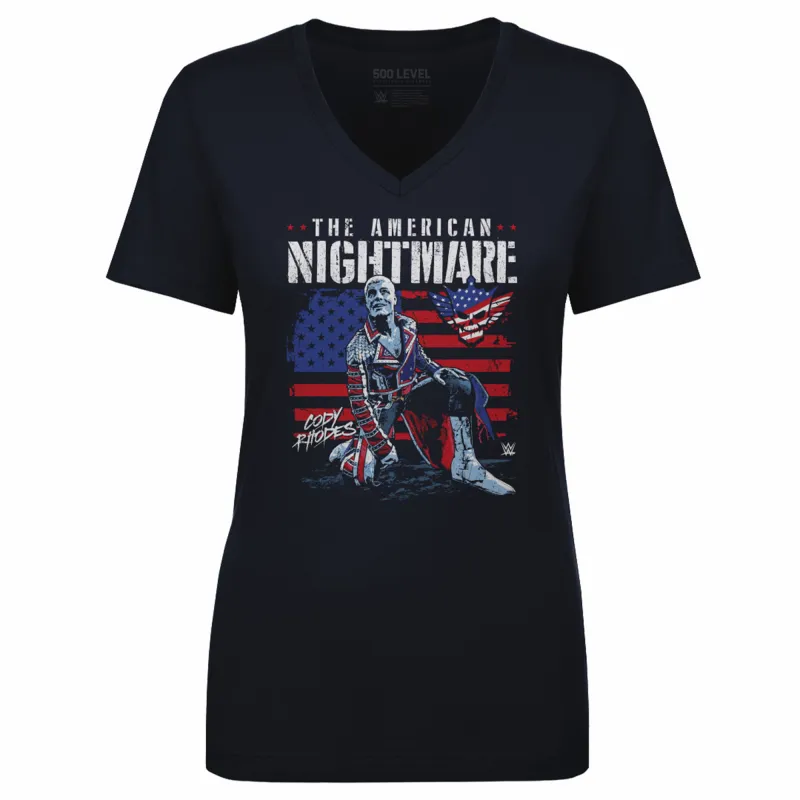 Women's 500 Level Navy Cody Rhodes American Flag V-Neck T-Shirt made by WWE