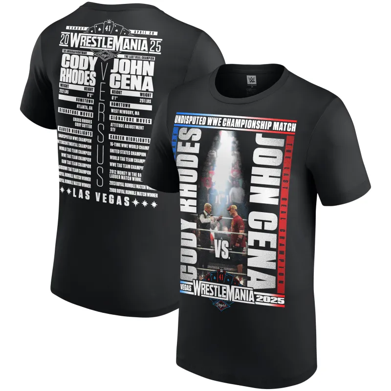 Men's Black WrestleMania 41 John Cena vs. Cody Rhodes Match T-Shirt sold by WWE