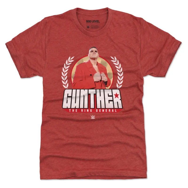 Men's 500 Level Red Gunther The Ring General Tri-Blend T-Shirt sold by WWE