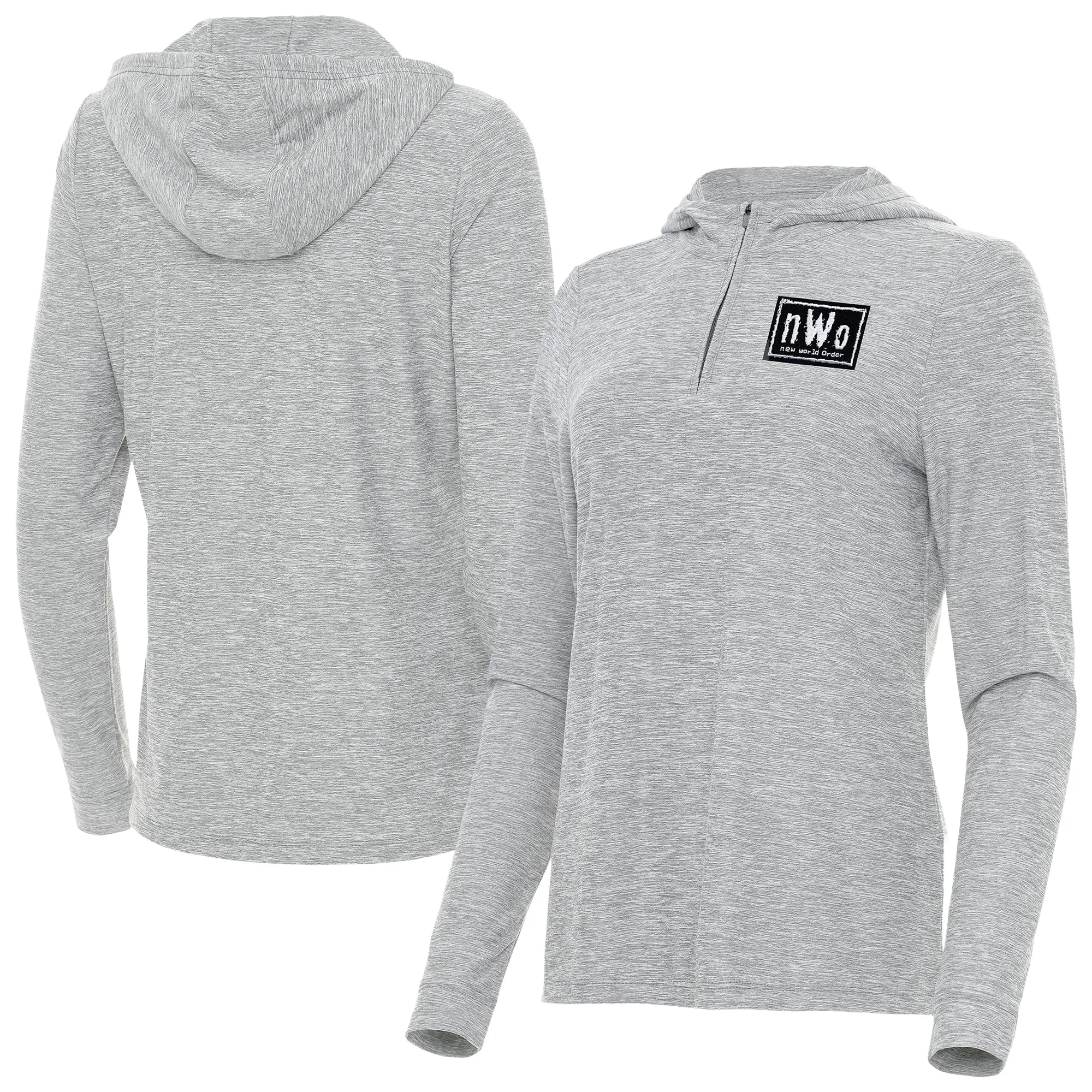 Women's Antigua Heather Gray nWo Daybreak Quarter-Zip Hoodie sold by WWE