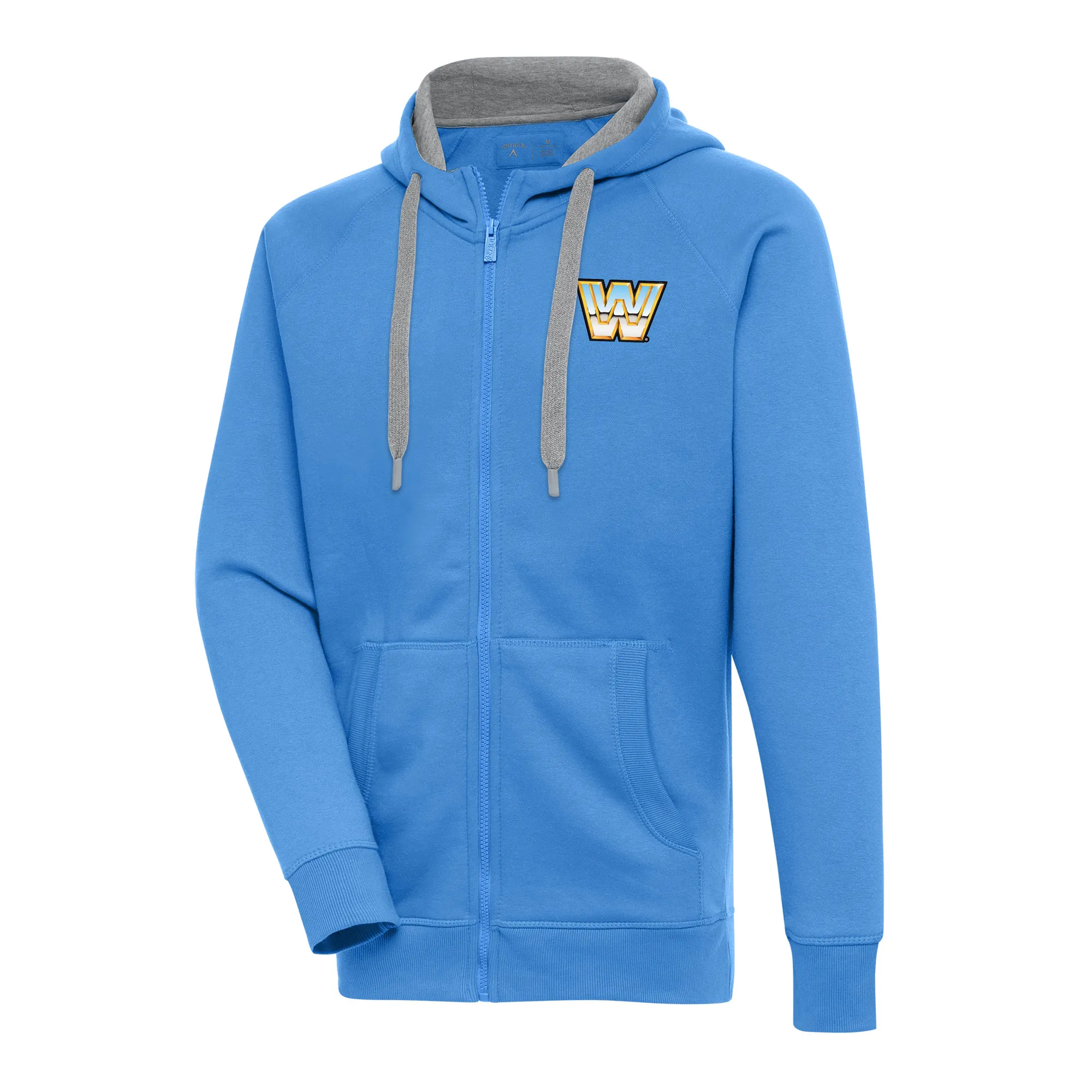 Men's Antigua Powder Blue WWE Victory Full-Zip Hoodie sold by WWE