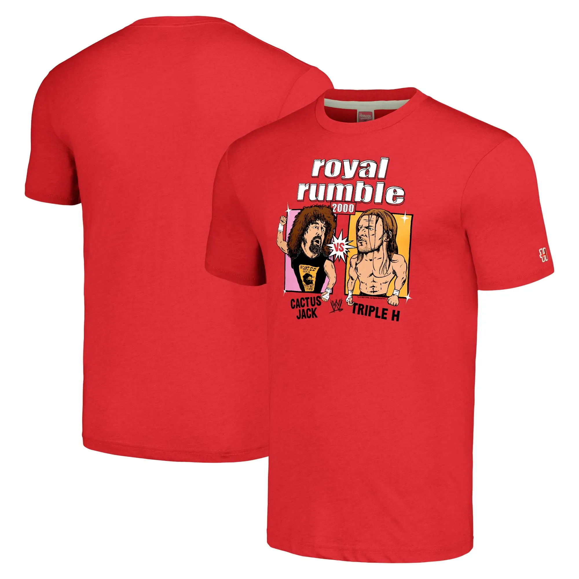 Men's Homage Red Royal Rumble Cactus Jack vs. Triple H Tri-Blend T-Shirt sold by WWE