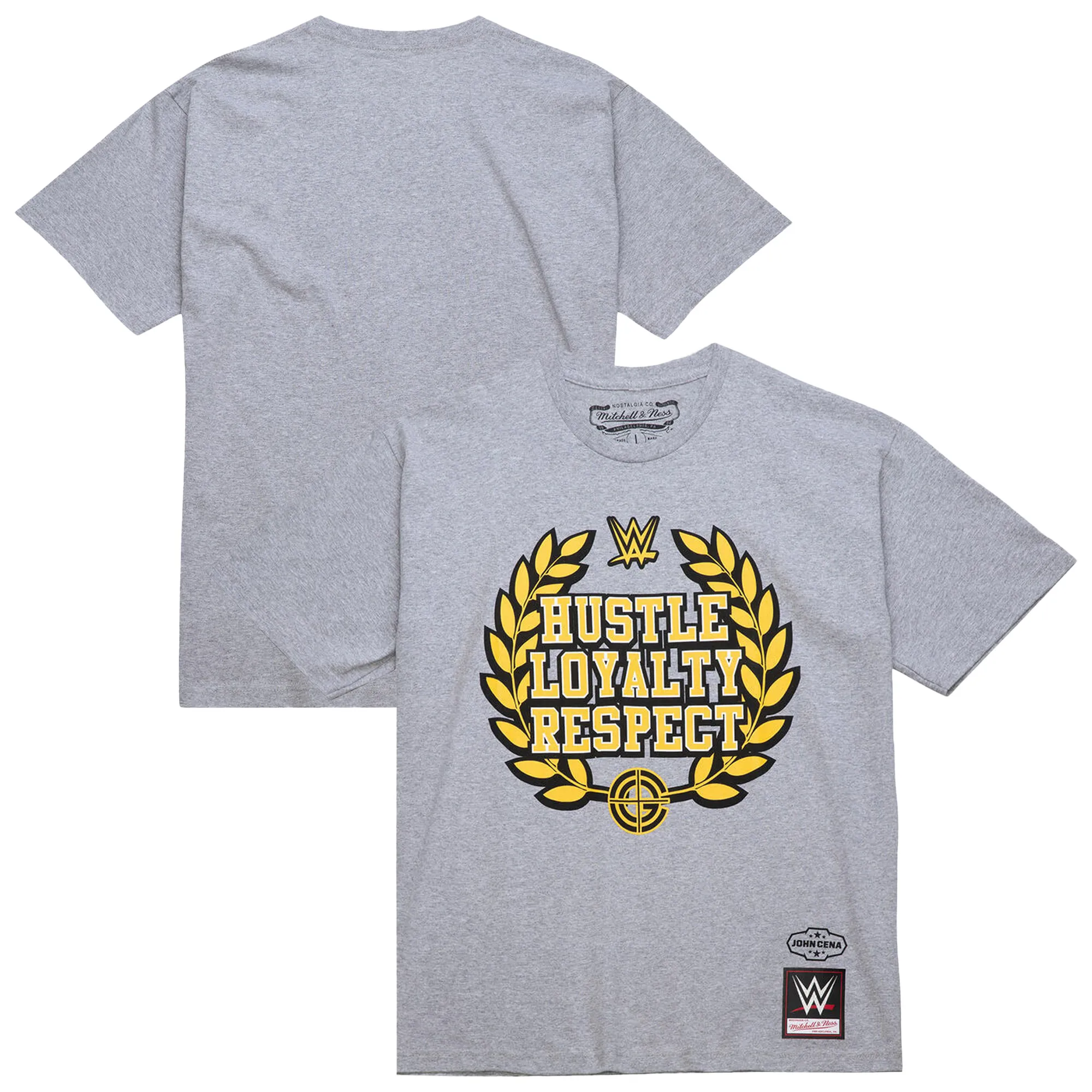 Men's Mitchell & Ness Heather Gray John Cena Hustle Loyalty Respect Wreath Classic T-Shirt sold by WWE