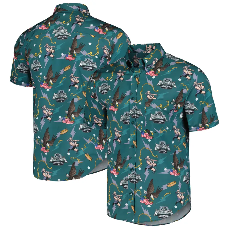 Men's RSVLTS Green WrestleMania 40 KUNUFLEX Philly Mania Button-Down Short Sleeve Shirt sold by WWE