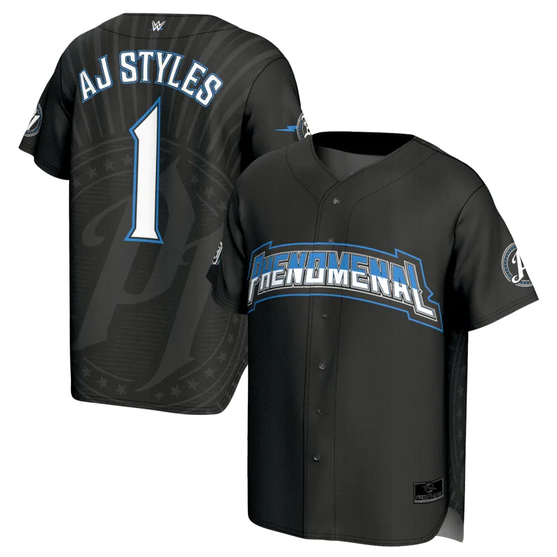 Men's ProSphere Black AJ Styles Phenomenal Baseball Jersey sold by WWE