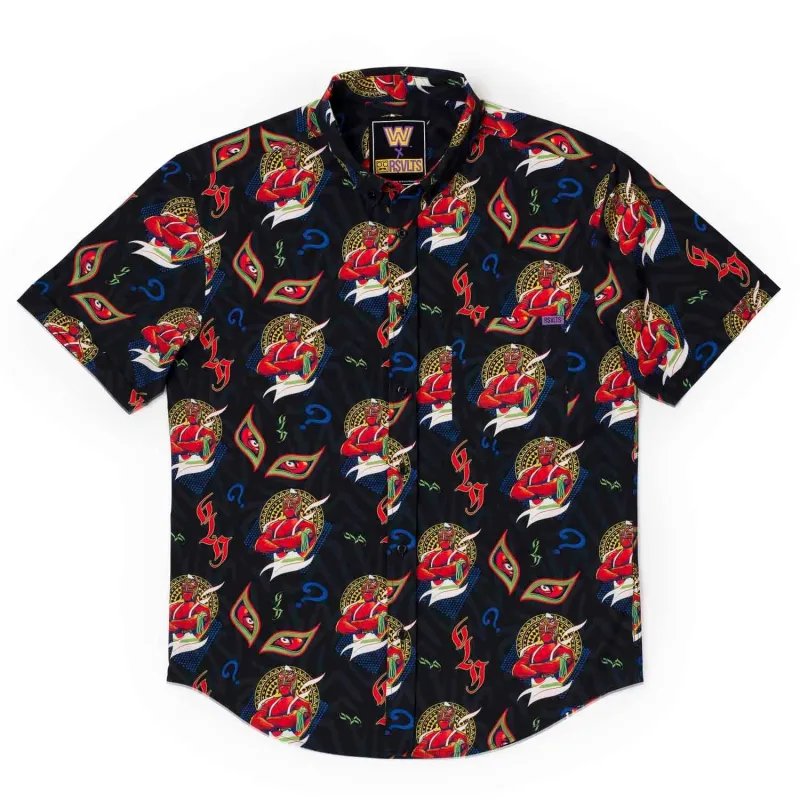 Men's RSVLTS Black Rey Mysterio The Masked Man KUNUFLEX Button-Down Short Sleeve Shirt sold by WWE