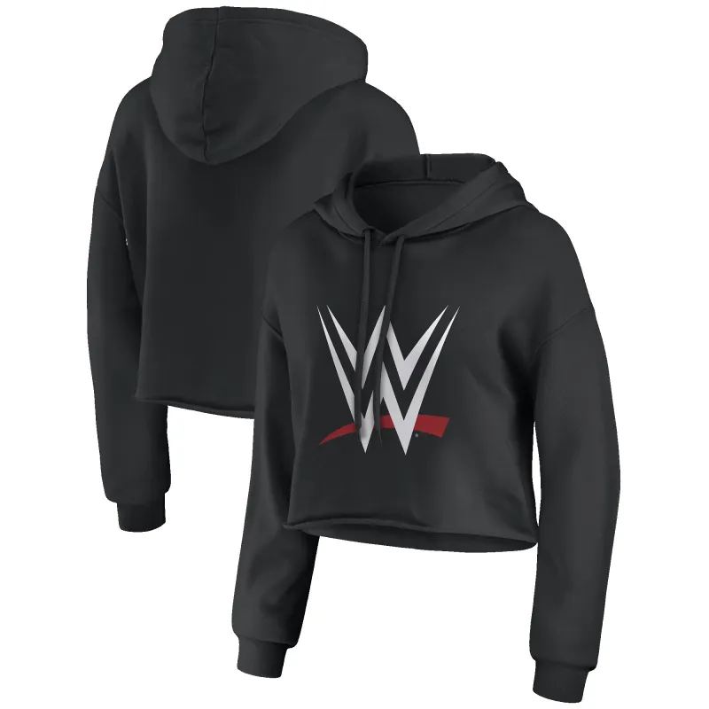 Women's WEAR by Erin Andrews Black WWE Logo Oversized Cropped Hoodie sold by WWE