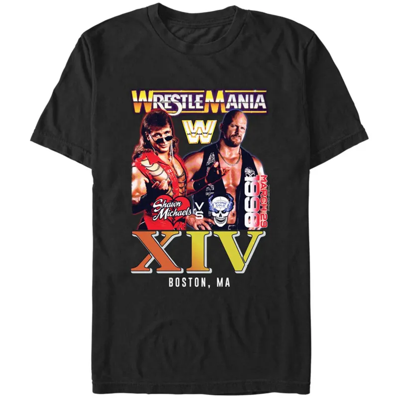 Men's Mad Engine Black WrestleMania Shawn Michaels vs. Stone Cold Steve Austin Graphic T-Shirt sold by WWE