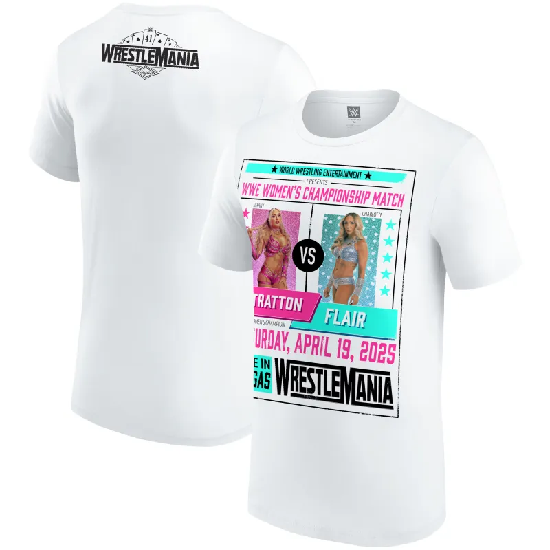 Men's White WrestleMania 41 Charlotte Flair vs. Tiffany Stratton Match T-Shirt sold by WWE