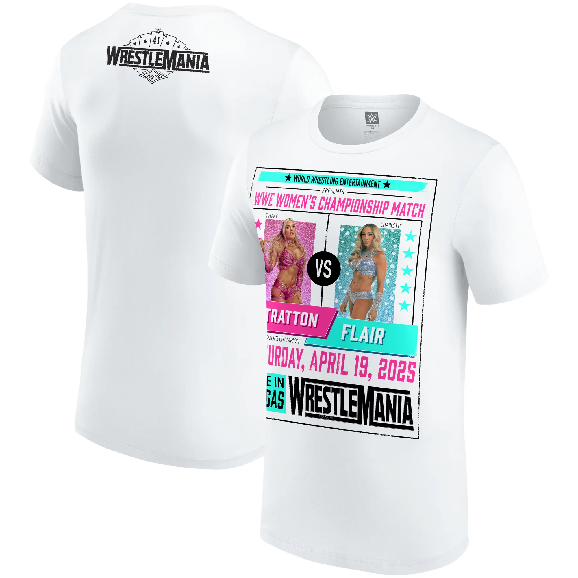 Men's White WrestleMania 41 Charlotte Flair vs. Tiffany Stratton Match T-Shirt sold by WWE